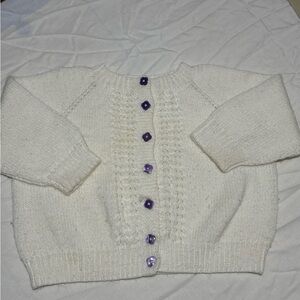 Vintage White and Purple Ribbed Knit Sweater V-Neck